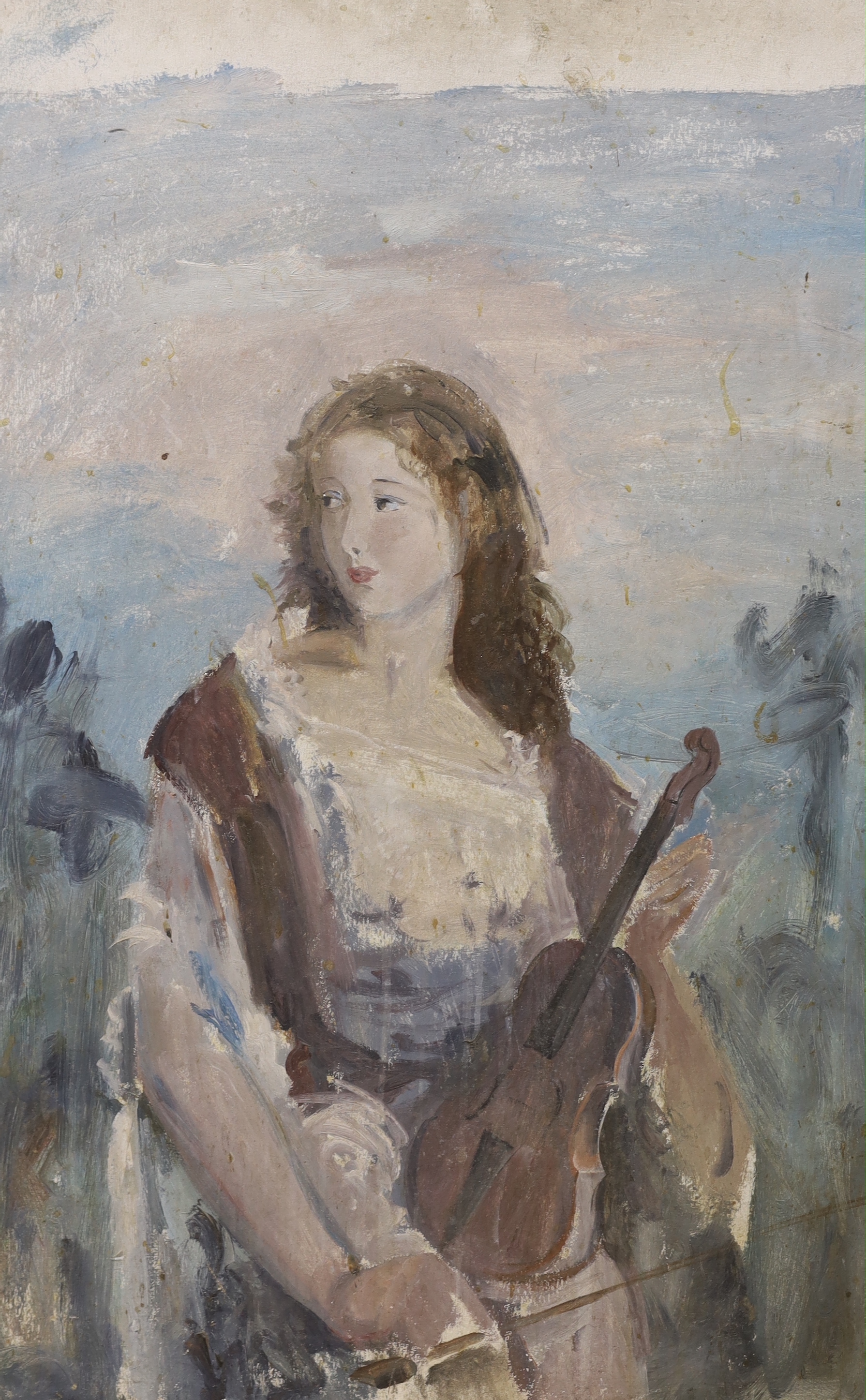 Robert Dumont-Smith (1908-1994), oil on board, Study of a gentleman, signed and dated '51, together with another unsigned oil on board, Portrait of a lady holding a violin, largest 75 x 50cm, unframed